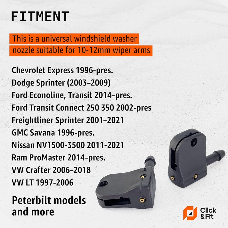 Click&Fit 3-way Adjustable Windshield Washer Nozzles replacement for Peterbilt, Dodge Sprinter, Ford Transit, Freightliner, VW Crafter – Windshield sprayers for 10-12mm (0.4-0.47") Wiper Arm by - Image 2